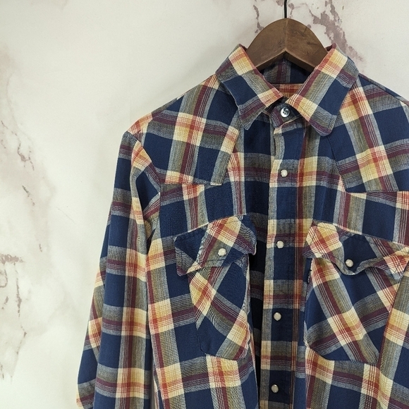 Vintage Levis Shirt Mens Small Blue Orange Plaid Pearl Snap 80s Workwear Cowboy - Picture 3 of 15